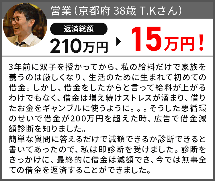 借金が210万円から15万円になりました!